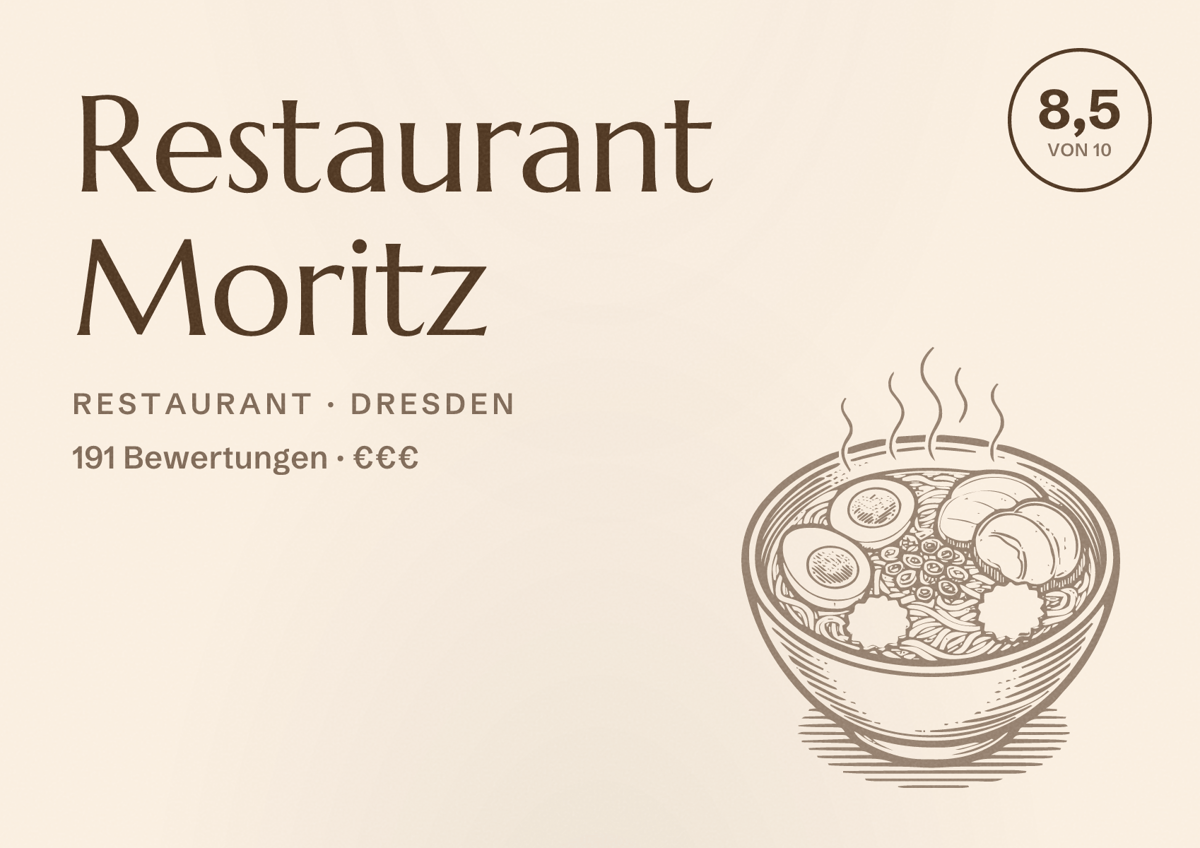 Illustriertes Poster von Restaurant Moritz, Restaurant in Dresden: Bewertung 8,5 von 10 aus 191 Bewertungen, Preisniveau €€€