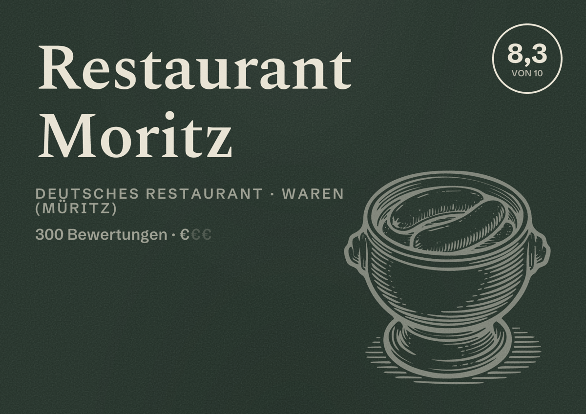 Illustriertes Poster von Restaurant Moritz, Deutsches Restaurant in Waren (Müritz): Bewertung 8,3 von 10 aus 300 Bewertungen, Preisniveau €