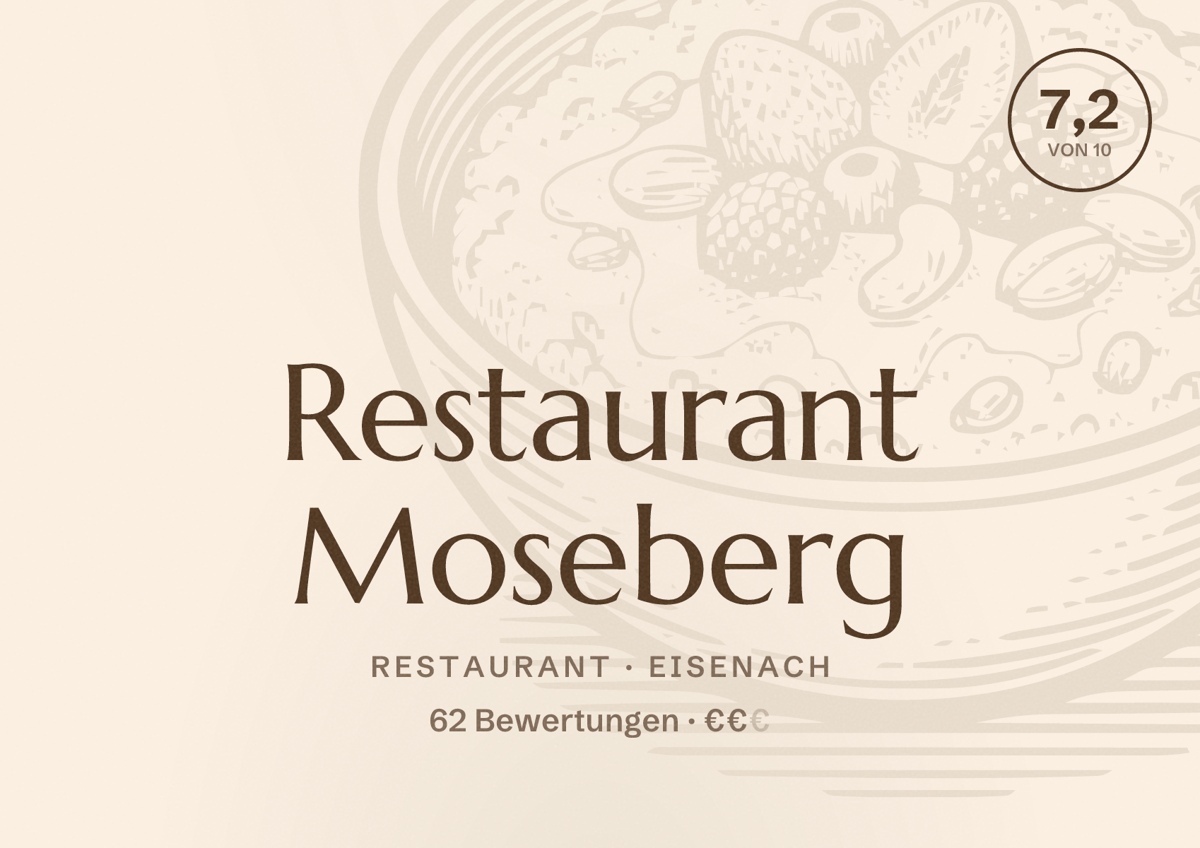 Illustriertes Poster von Restaurant Moseberg, Restaurant in Eisenach: Bewertung 7,2 von 10 aus 62 Bewertungen, Preisniveau €€