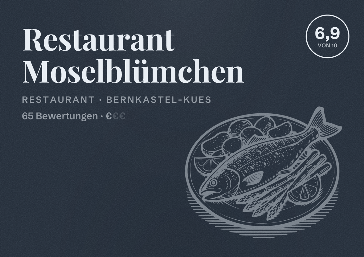 Illustriertes Poster von Restaurant Moselblümchen, Restaurant in Bernkastel-Kues: Bewertung 6,9 von 10 aus 65 Bewertungen, Preisniveau €