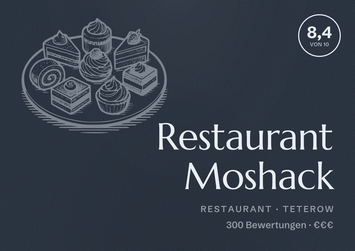 Illustriertes Poster von Restaurant Moshack, Restaurant in Teterow: Bewertung 8,4 von 10 aus 300 Bewertungen, Preisniveau €€€
