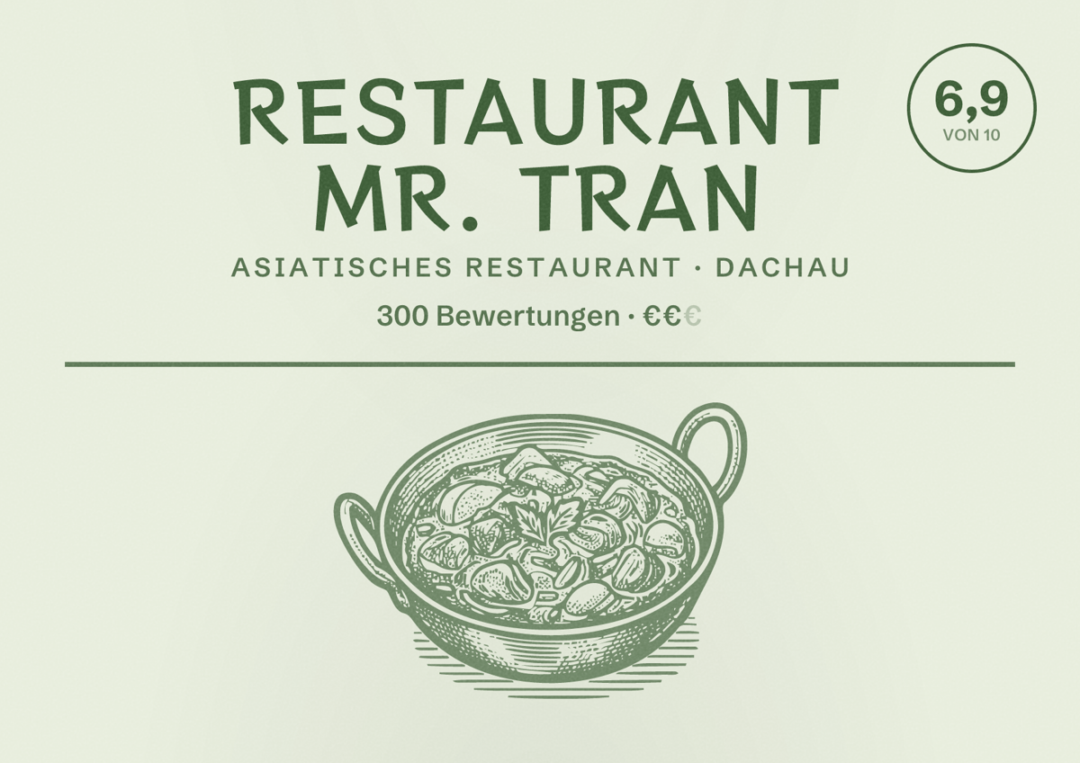 Illustriertes Poster von Restaurant Mr. Tran, Asiatisches Restaurant in Dachau: Bewertung 6,9 von 10 aus 300 Bewertungen, Preisniveau €€
