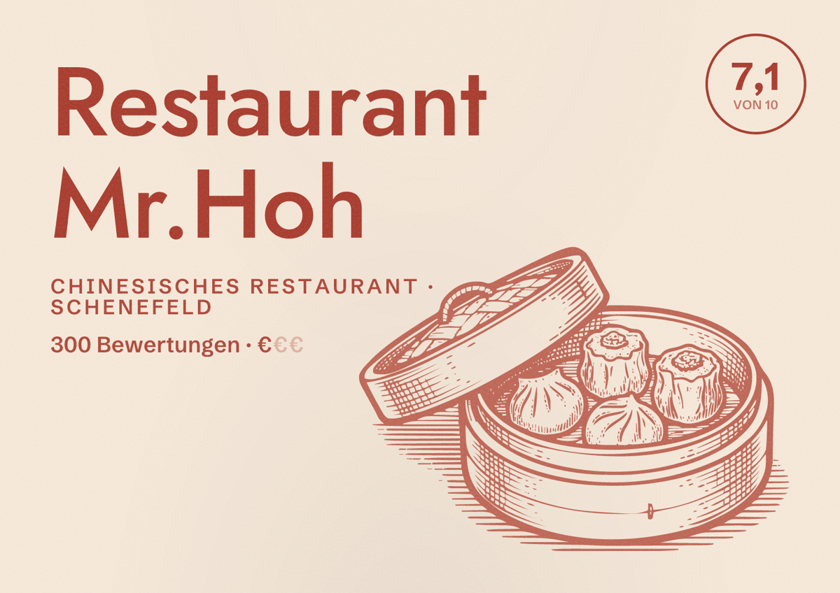 Illustriertes Poster von Restaurant Mr.Hoh, Chinesisches Restaurant in Schenefeld: Bewertung 7,1 von 10 aus 300 Bewertungen, Preisniveau €