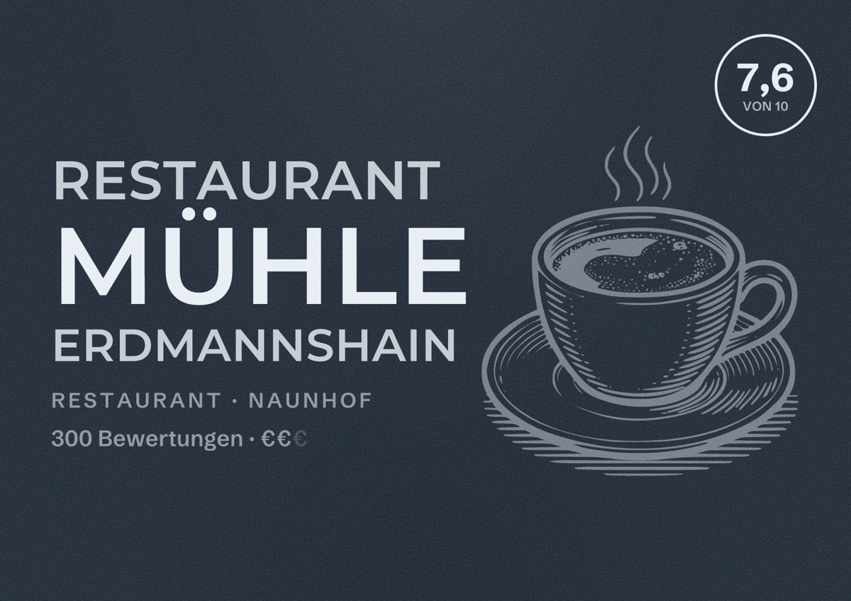 Illustriertes Poster von Restaurant Mühle Erdmannshain, Restaurant in Naunhof: Bewertung 7,6 von 10 aus 300 Bewertungen, Preisniveau €€