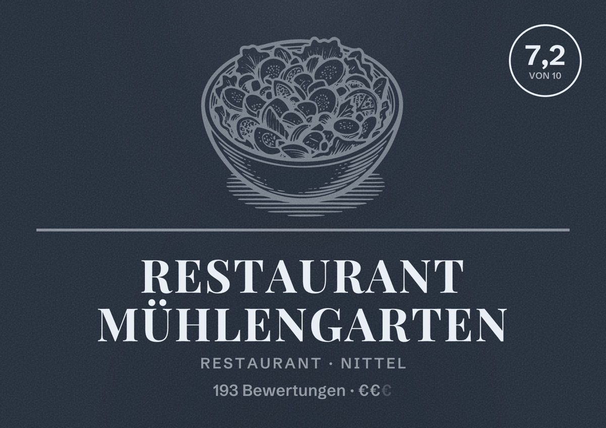 Illustriertes Poster von Restaurant Mühlengarten, Restaurant in Nittel: Bewertung 7,2 von 10 aus 193 Bewertungen, Preisniveau €€