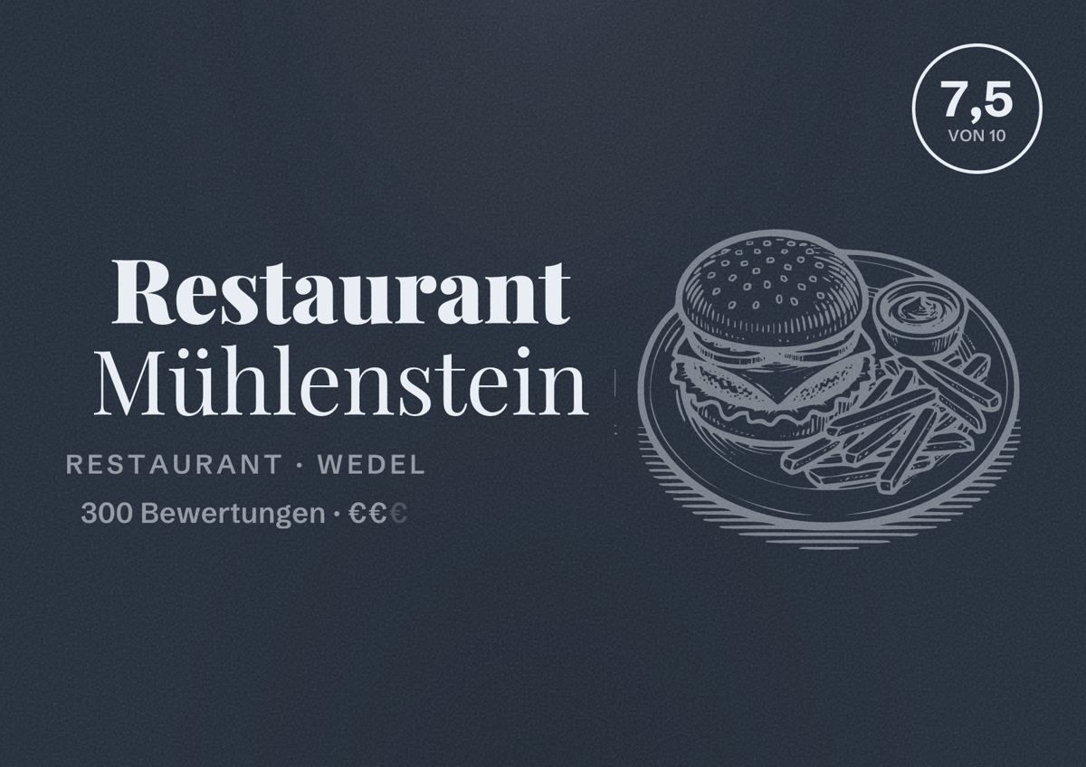 Illustriertes Poster von Restaurant Mühlenstein, Restaurant in Wedel: Bewertung 7,5 von 10 aus 300 Bewertungen, Preisniveau €€