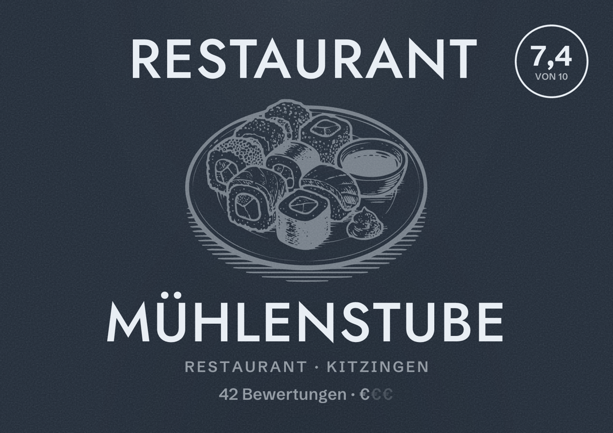 Illustriertes Poster von Restaurant Mühlenstube, Restaurant in Kitzingen: Bewertung 7,4 von 10 aus 42 Bewertungen, Preisniveau €