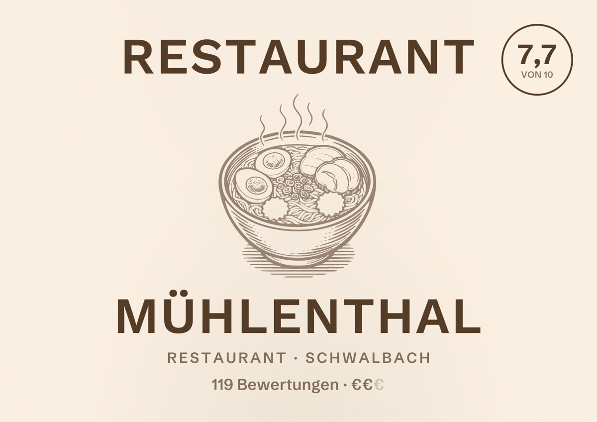 Illustriertes Poster von Restaurant Mühlenthal, Restaurant in Schwalbach: Bewertung 7,7 von 10 aus 119 Bewertungen, Preisniveau €€