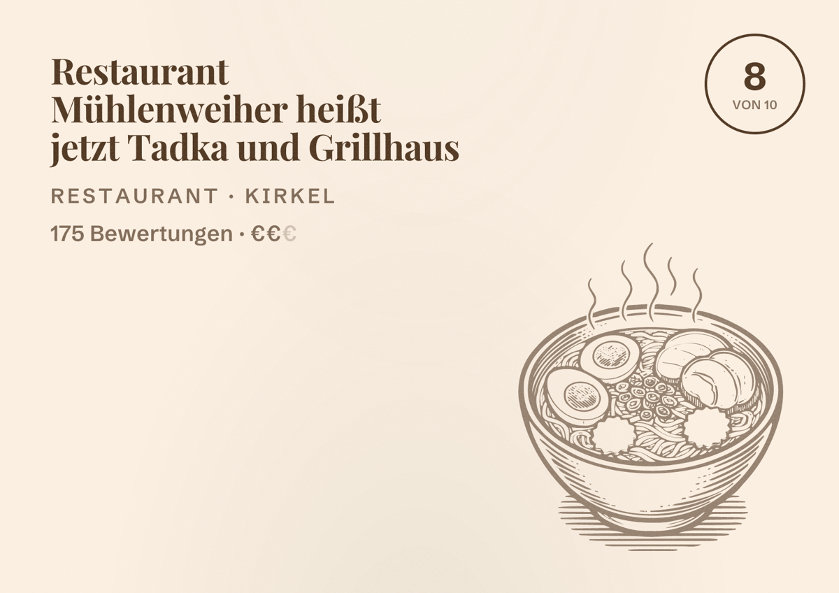 Illustriertes Poster von Restaurant Mühlenweiher heißt jetzt Tadka und Grillhaus, Restaurant in Kirkel: Bewertung 8 von 10 aus 175 Bewertungen, Preisniveau €€