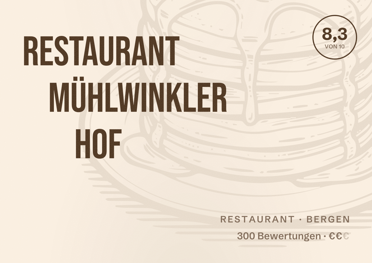 Illustriertes Poster von Restaurant Mühlwinkler Hof, Restaurant in Bergen: Bewertung 8,3 von 10 aus 300 Bewertungen, Preisniveau €€