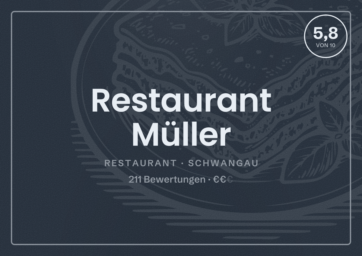 Illustriertes Poster von Restaurant Müller, Restaurant in Schwangau: Bewertung 5,8 von 10 aus 211 Bewertungen, Preisniveau €€