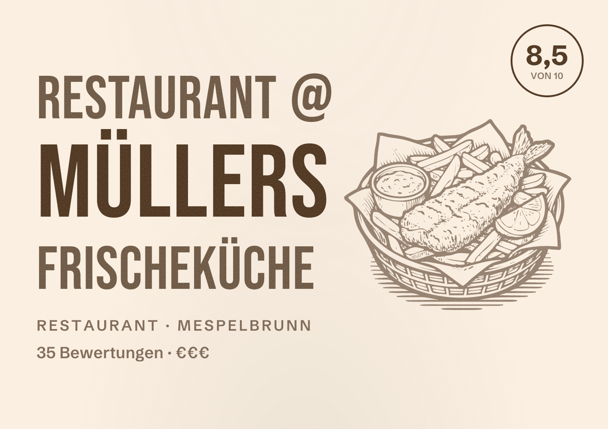 Illustriertes Poster von Restaurant @ Müllers Frischeküche, Restaurant in Mespelbrunn: Bewertung 8,5 von 10 aus 35 Bewertungen, Preisniveau €€€