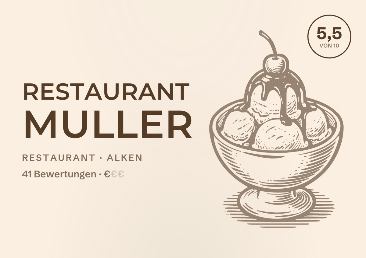 Illustriertes Poster von Restaurant Muller, Restaurant in Alken: Bewertung 5,5 von 10 aus 41 Bewertungen, Preisniveau €