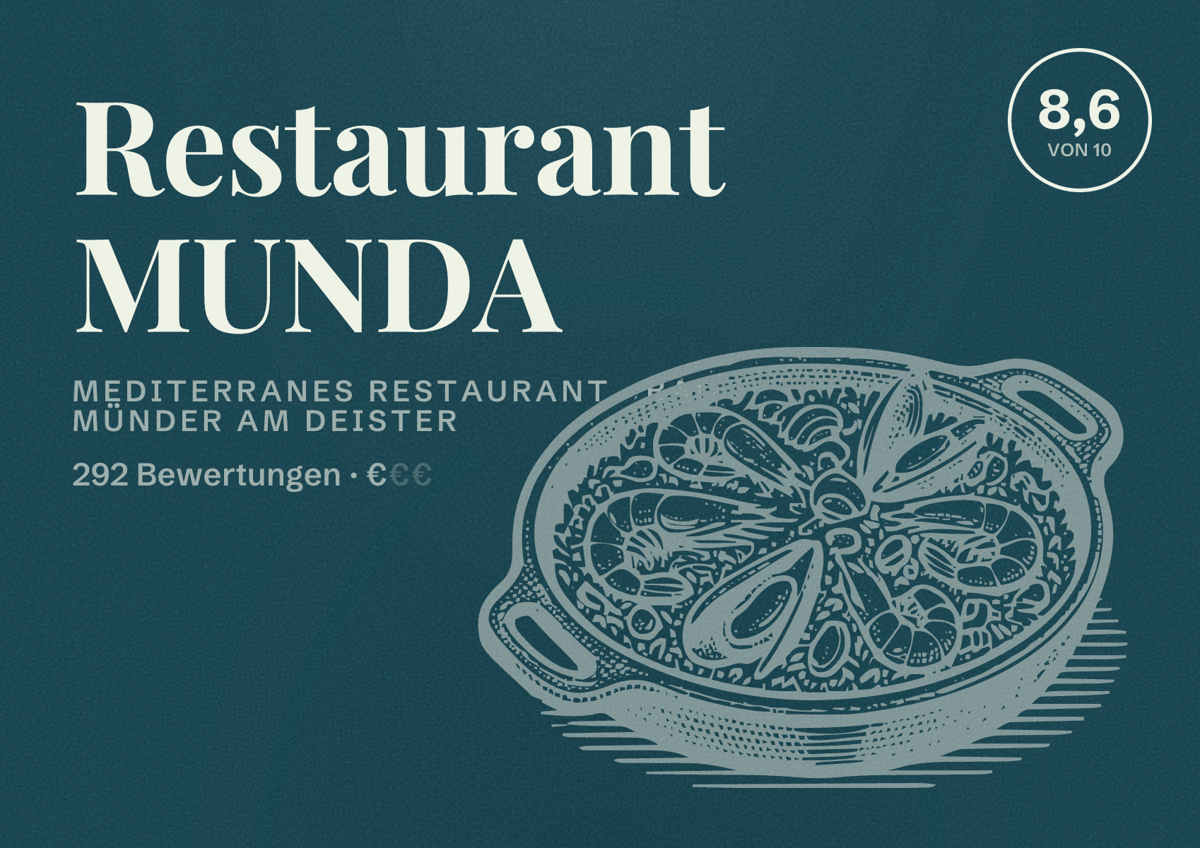 Illustriertes Poster von Restaurant MUNDA, Mediterranes Restaurant in Bad Münder am Deister: Bewertung 8,6 von 10 aus 292 Bewertungen, Preisniveau €