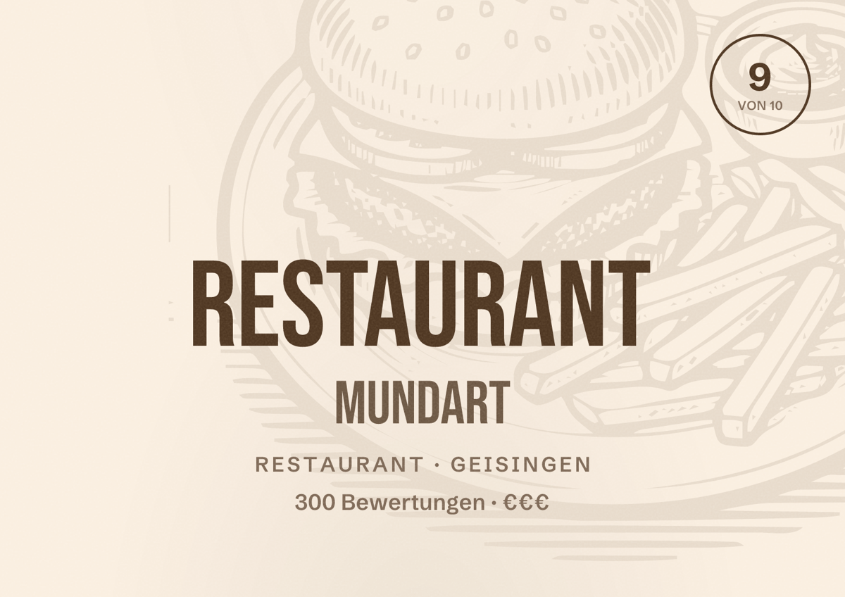 Illustriertes Poster von Restaurant mundart, Restaurant in Geisingen: Bewertung 9 von 10 aus 300 Bewertungen, Preisniveau €€€