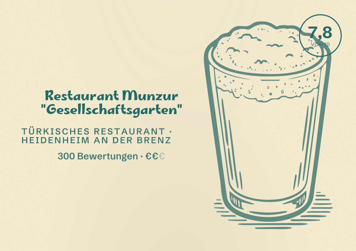 Illustriertes Poster von Restaurant Munzur "Gesellschaftsgarten", Türkisches Restaurant in Heidenheim an der Brenz: Bewertung 7,8 von 10 aus 300 Bewertungen, Preisniveau €€