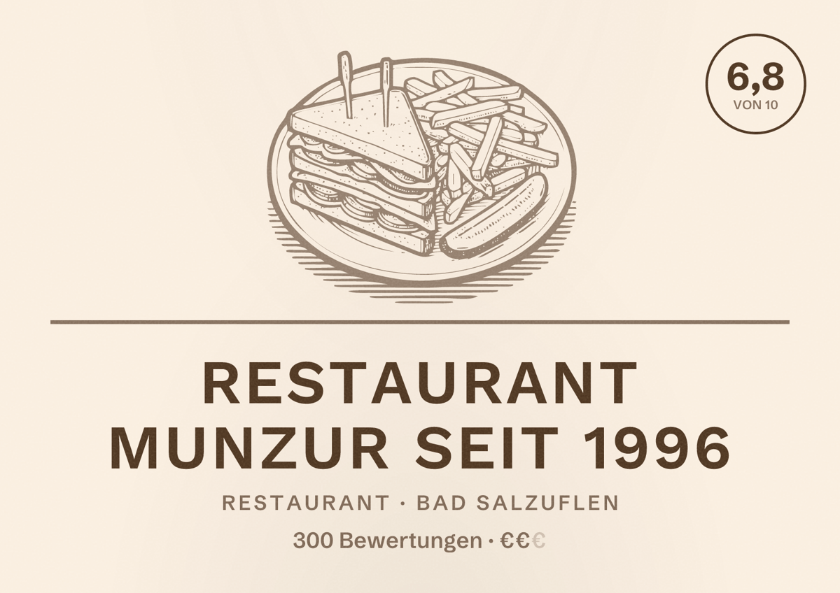 Illustriertes Poster von Restaurant Munzur seit 1996, Restaurant in Bad Salzuflen: Bewertung 6,8 von 10 aus 300 Bewertungen, Preisniveau €€