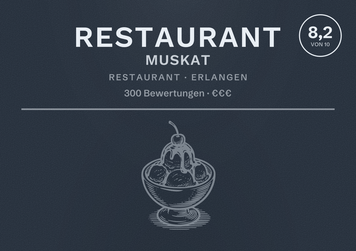 Illustriertes Poster von Restaurant Muskat, Restaurant in Erlangen: Bewertung 8,2 von 10 aus 300 Bewertungen, Preisniveau €€€