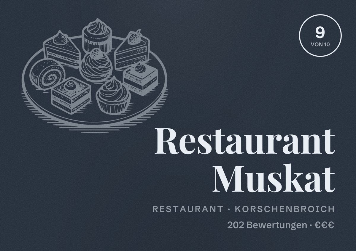 Illustriertes Poster von Restaurant Muskat, Restaurant in Korschenbroich: Bewertung 9 von 10 aus 202 Bewertungen, Preisniveau €€€