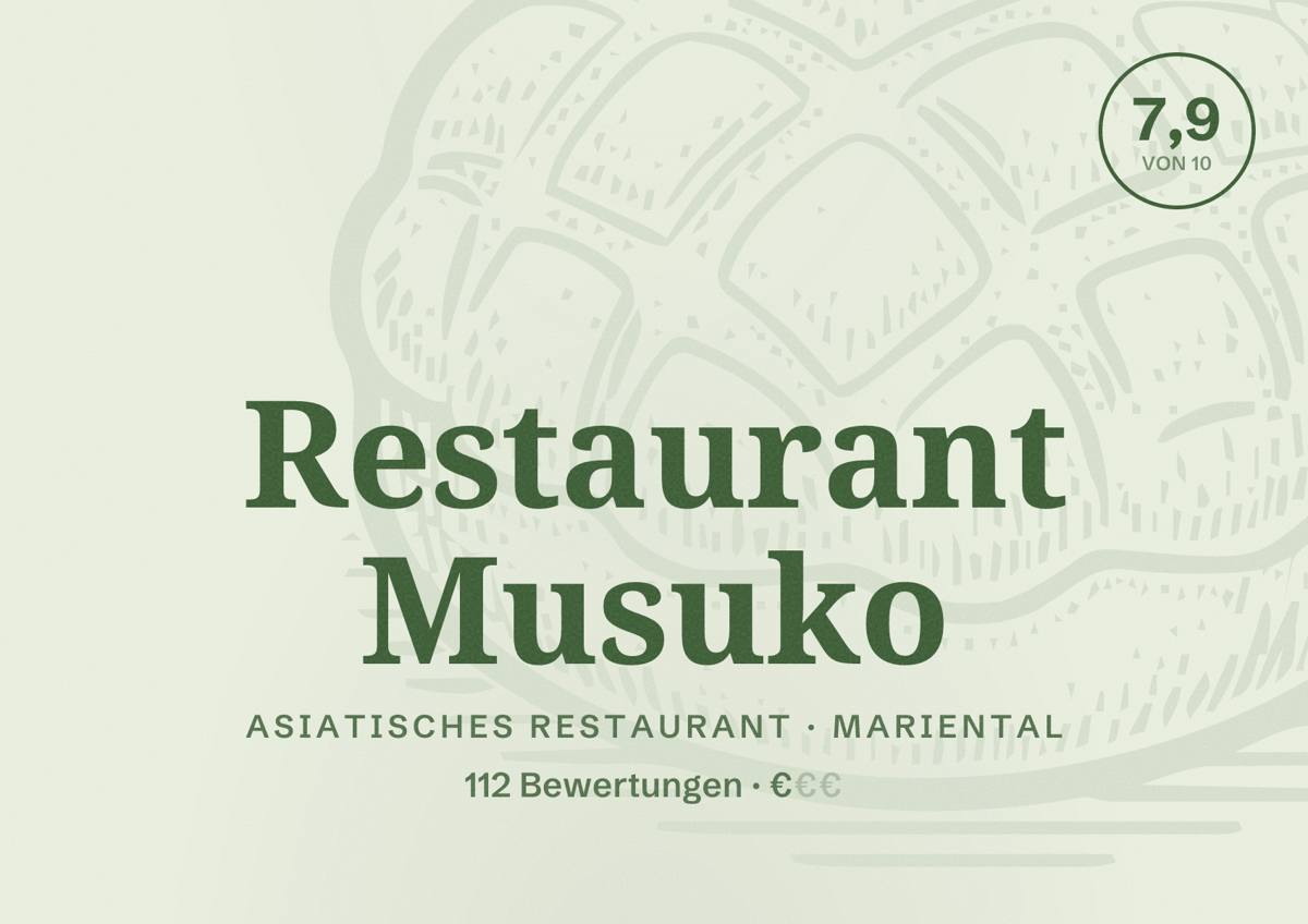 Illustriertes Poster von Restaurant Musuko, Asiatisches Restaurant in Mariental: Bewertung 7,9 von 10 aus 112 Bewertungen, Preisniveau €