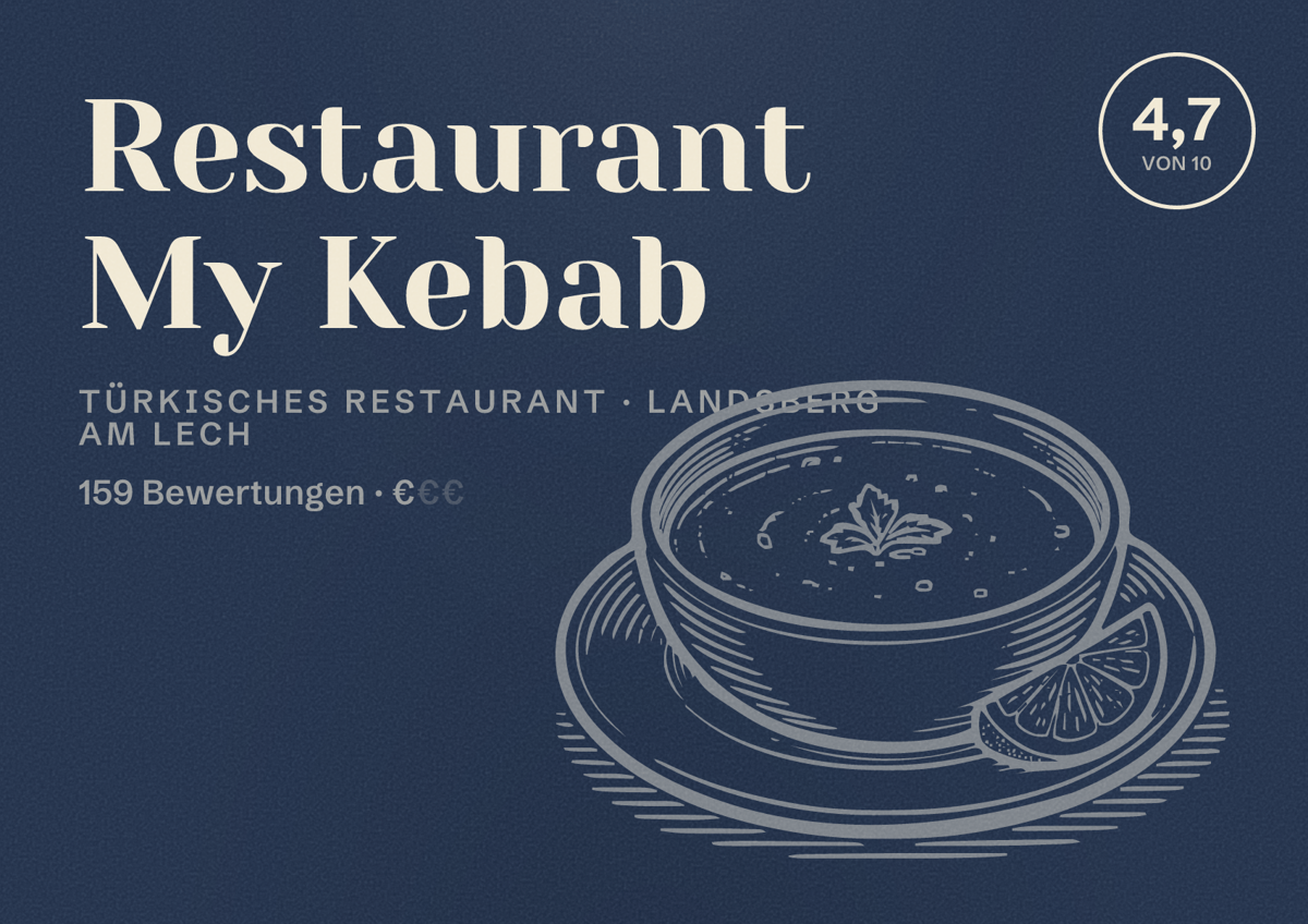Illustriertes Poster von Restaurant My Kebab, Türkisches Restaurant in Landsberg am Lech: Bewertung 4,7 von 10 aus 159 Bewertungen, Preisniveau €