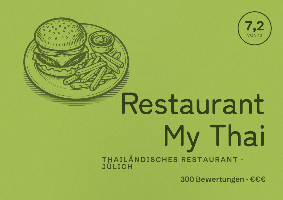 Illustriertes Poster von Restaurant My Thai, Thailändisches Restaurant in Jülich: Bewertung 7,2 von 10 aus 300 Bewertungen, Preisniveau €€€