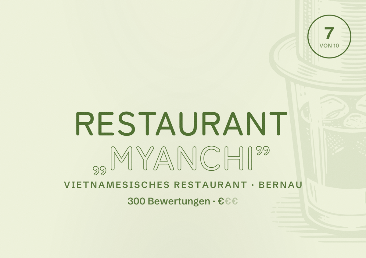 Illustriertes Poster von Restaurant „MYANCHI”, Vietnamesisches Restaurant in Bernau: Bewertung 7 von 10 aus 300 Bewertungen, Preisniveau €