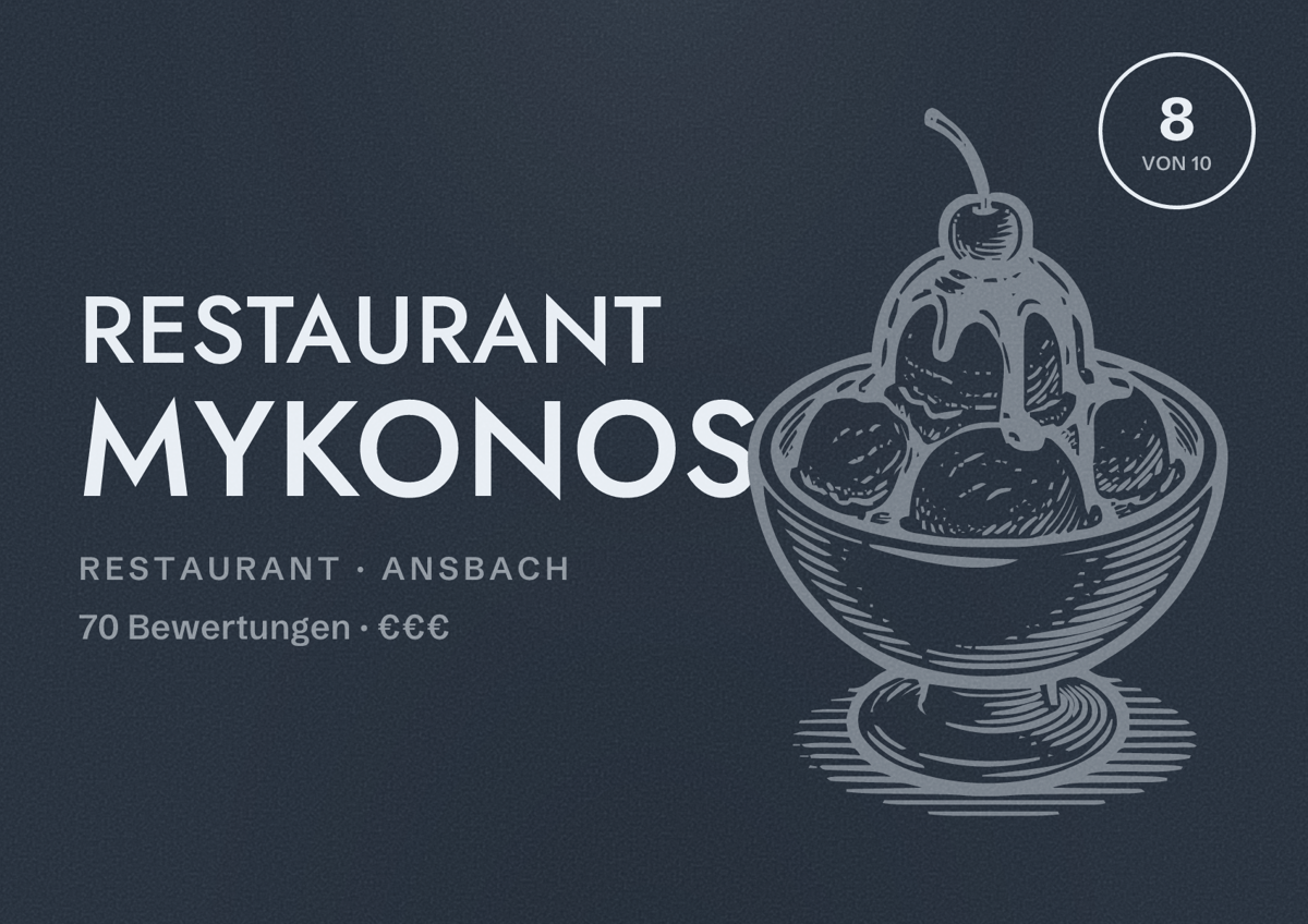 Illustriertes Poster von Restaurant Mykonos, Restaurant in Ansbach: Bewertung 8 von 10 aus 70 Bewertungen, Preisniveau €€€