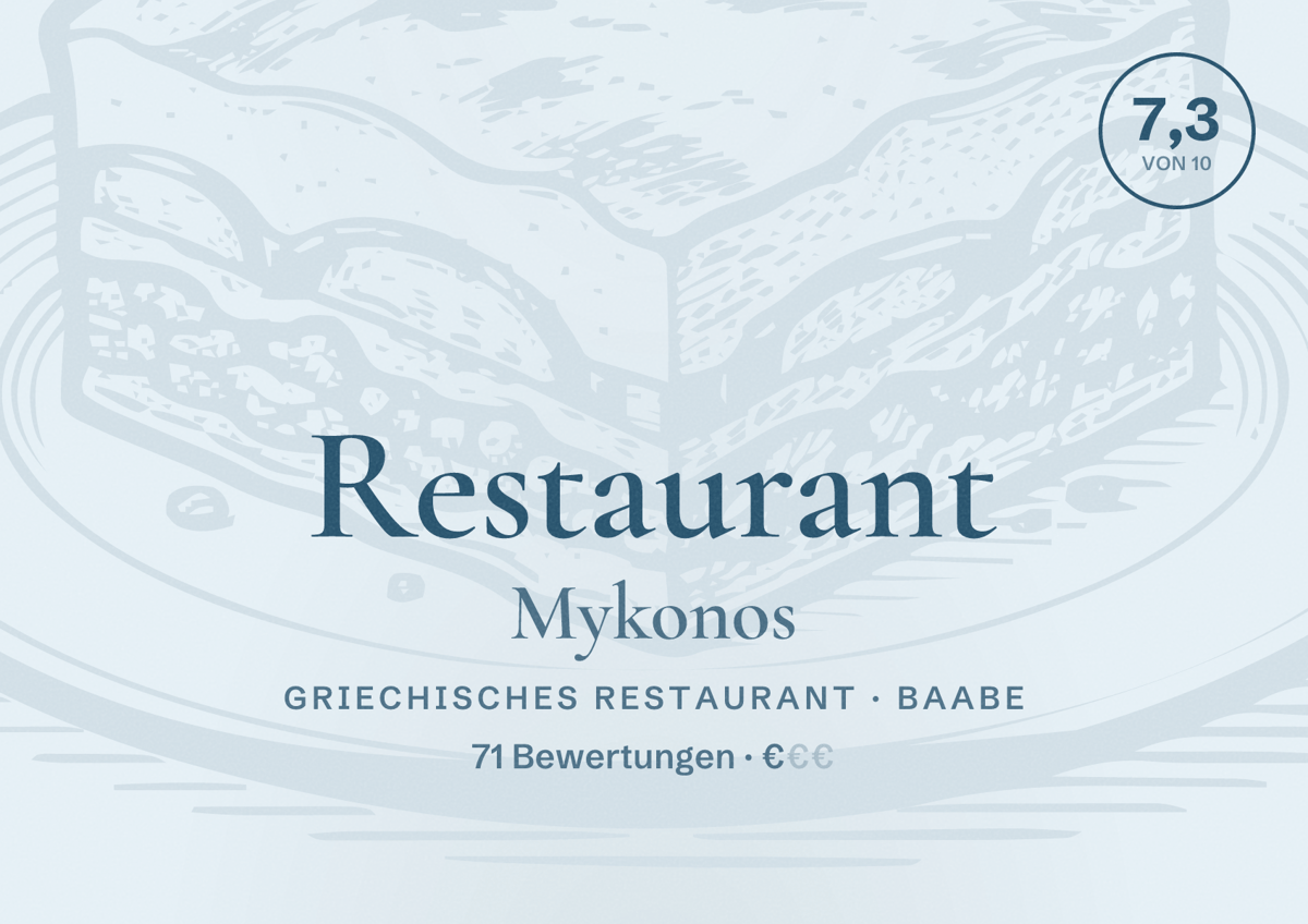 Illustriertes Poster von Restaurant Mykonos, Griechisches Restaurant in Baabe: Bewertung 7,3 von 10 aus 71 Bewertungen, Preisniveau €