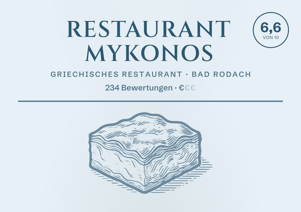 Illustriertes Poster von Restaurant Mykonos, Griechisches Restaurant in Bad Rodach: Bewertung 6,6 von 10 aus 234 Bewertungen, Preisniveau €