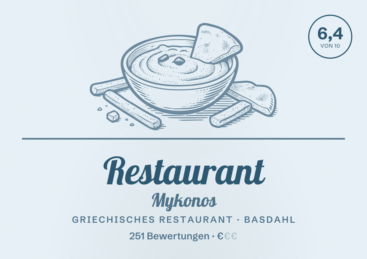 Illustriertes Poster von Restaurant Mykonos, Griechisches Restaurant in Basdahl: Bewertung 6,4 von 10 aus 251 Bewertungen, Preisniveau €