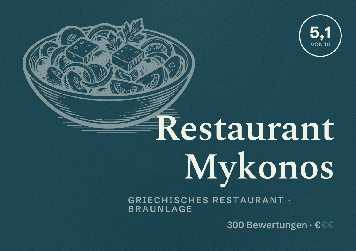 Illustriertes Poster von Restaurant Mykonos, Griechisches Restaurant in Braunlage: Bewertung 5,1 von 10 aus 300 Bewertungen, Preisniveau €
