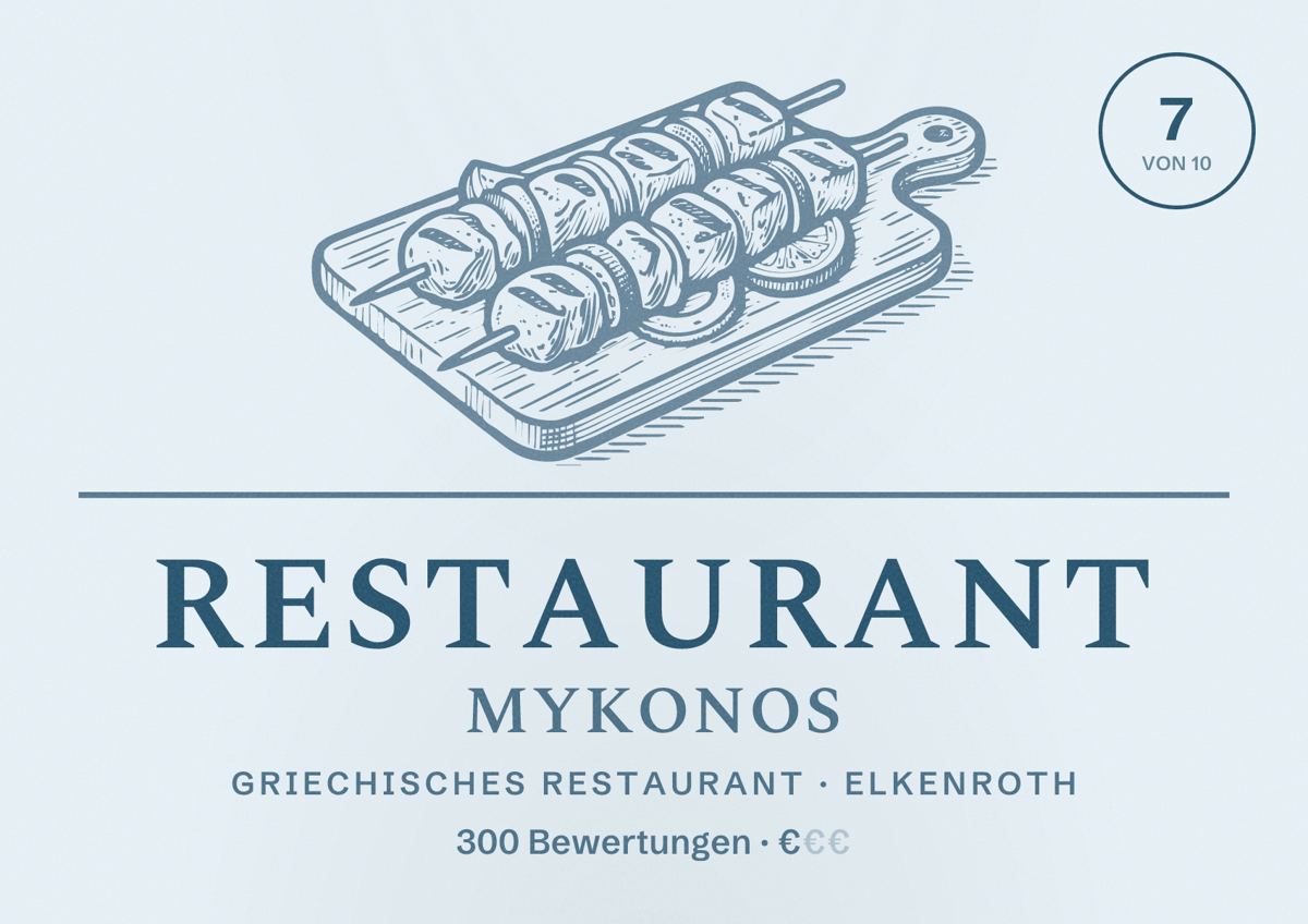 Illustriertes Poster von Restaurant Mykonos, Griechisches Restaurant in Elkenroth: Bewertung 7 von 10 aus 300 Bewertungen, Preisniveau €