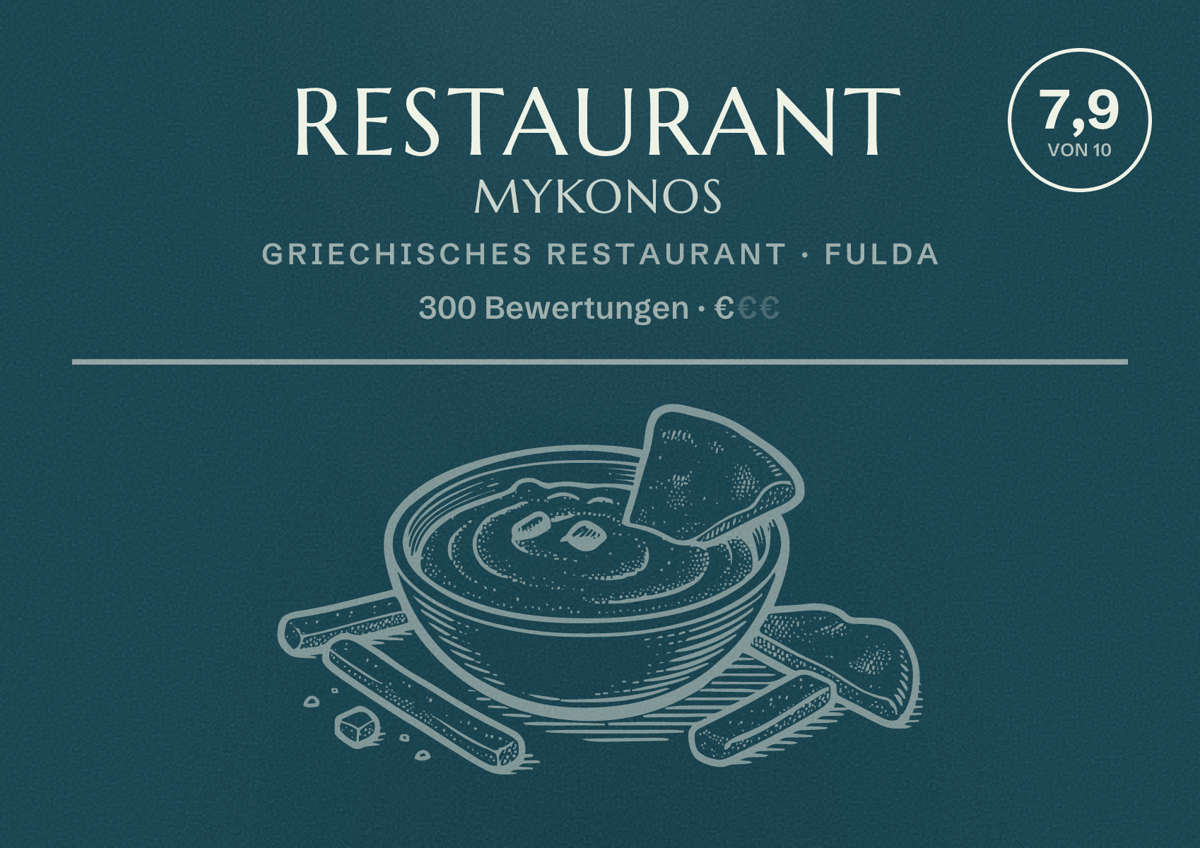 Illustriertes Poster von Restaurant Mykonos, Griechisches Restaurant in Fulda: Bewertung 7,9 von 10 aus 300 Bewertungen, Preisniveau €