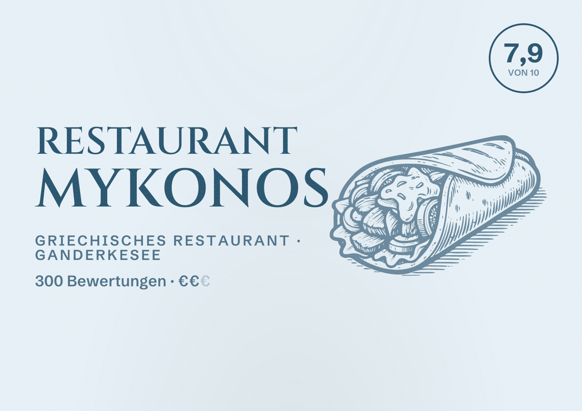 Illustriertes Poster von Restaurant Mykonos, Griechisches Restaurant in Ganderkesee: Bewertung 7,9 von 10 aus 300 Bewertungen, Preisniveau €€
