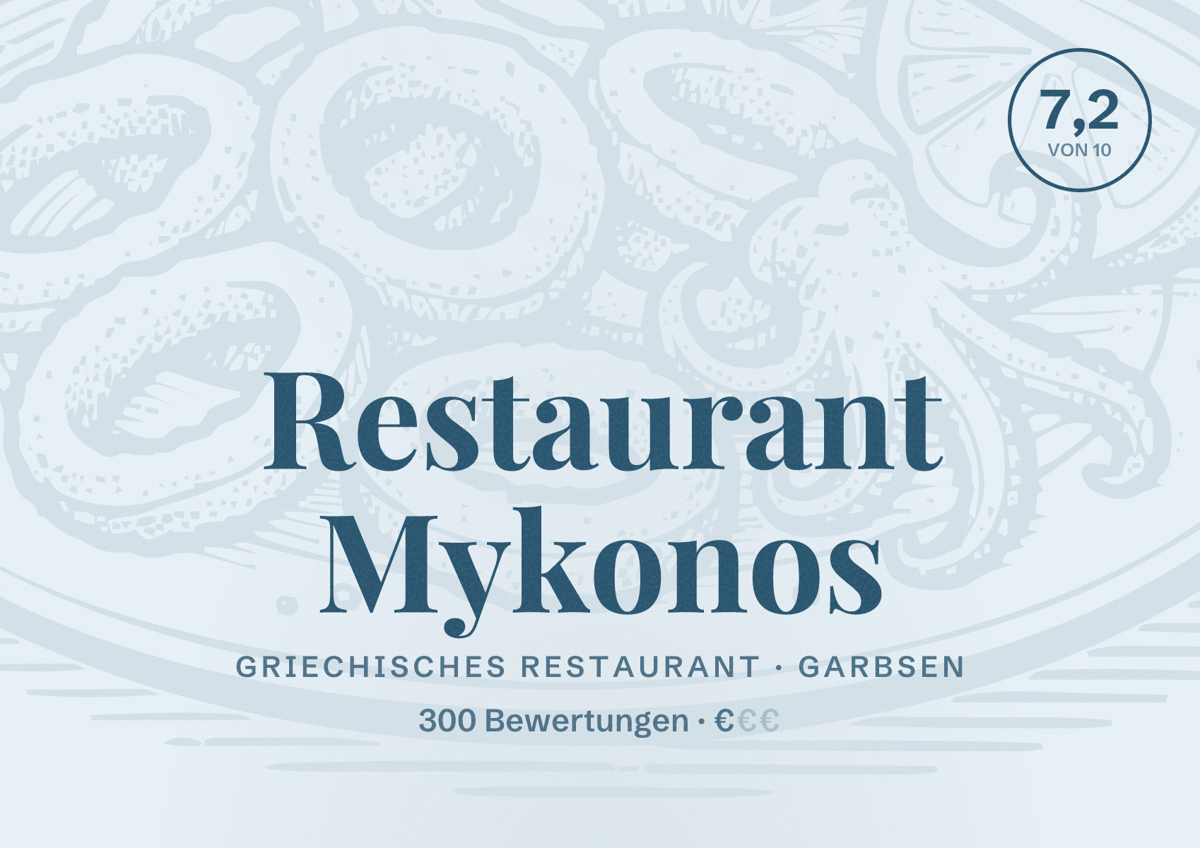 Illustriertes Poster von Restaurant Mykonos, Griechisches Restaurant in Garbsen: Bewertung 7,2 von 10 aus 300 Bewertungen, Preisniveau €
