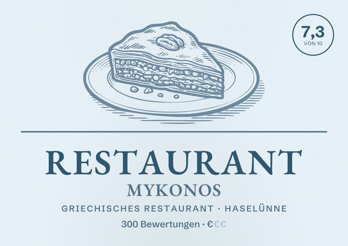 Illustriertes Poster von Restaurant Mykonos, Griechisches Restaurant in Haselünne: Bewertung 7,3 von 10 aus 300 Bewertungen, Preisniveau €