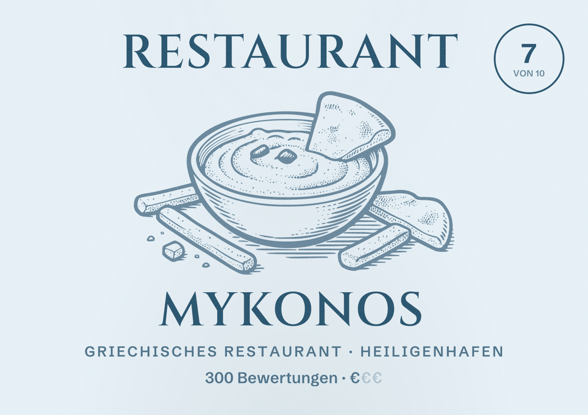 Illustriertes Poster von Restaurant Mykonos, Griechisches Restaurant in Heiligenhafen: Bewertung 7 von 10 aus 300 Bewertungen, Preisniveau €
