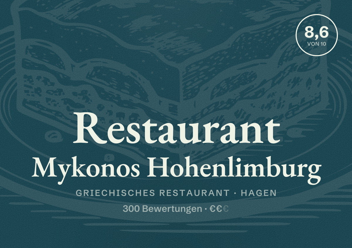 Illustriertes Poster von Restaurant Mykonos Hohenlimburg, Griechisches Restaurant in Hagen: Bewertung 8,6 von 10 aus 300 Bewertungen, Preisniveau €€