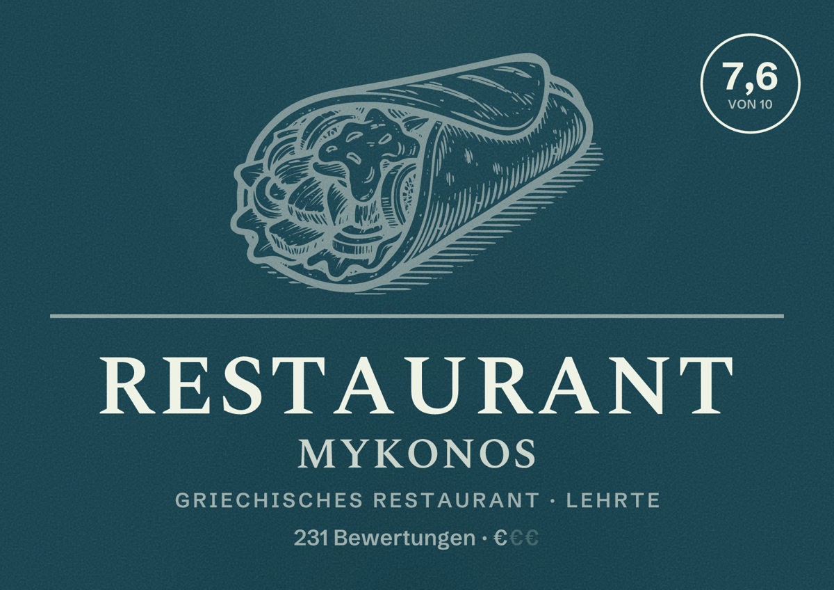 Illustriertes Poster von Restaurant Mykonos, Griechisches Restaurant in Lehrte: Bewertung 7,6 von 10 aus 231 Bewertungen, Preisniveau €