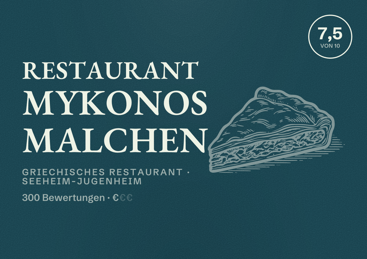 Illustriertes Poster von Restaurant Mykonos Malchen, Griechisches Restaurant in Seeheim-Jugenheim: Bewertung 7,5 von 10 aus 300 Bewertungen, Preisniveau €