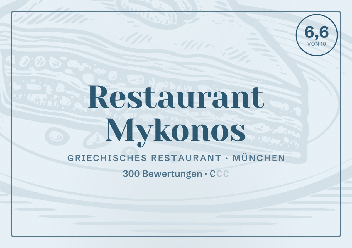 Illustriertes Poster von Restaurant Mykonos, Griechisches Restaurant in München: Bewertung 6,6 von 10 aus 300 Bewertungen, Preisniveau €