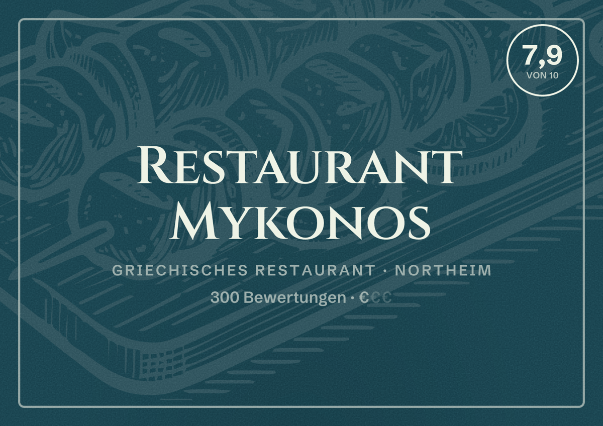 Illustriertes Poster von Restaurant Mykonos, Griechisches Restaurant in Northeim: Bewertung 7,9 von 10 aus 300 Bewertungen, Preisniveau €