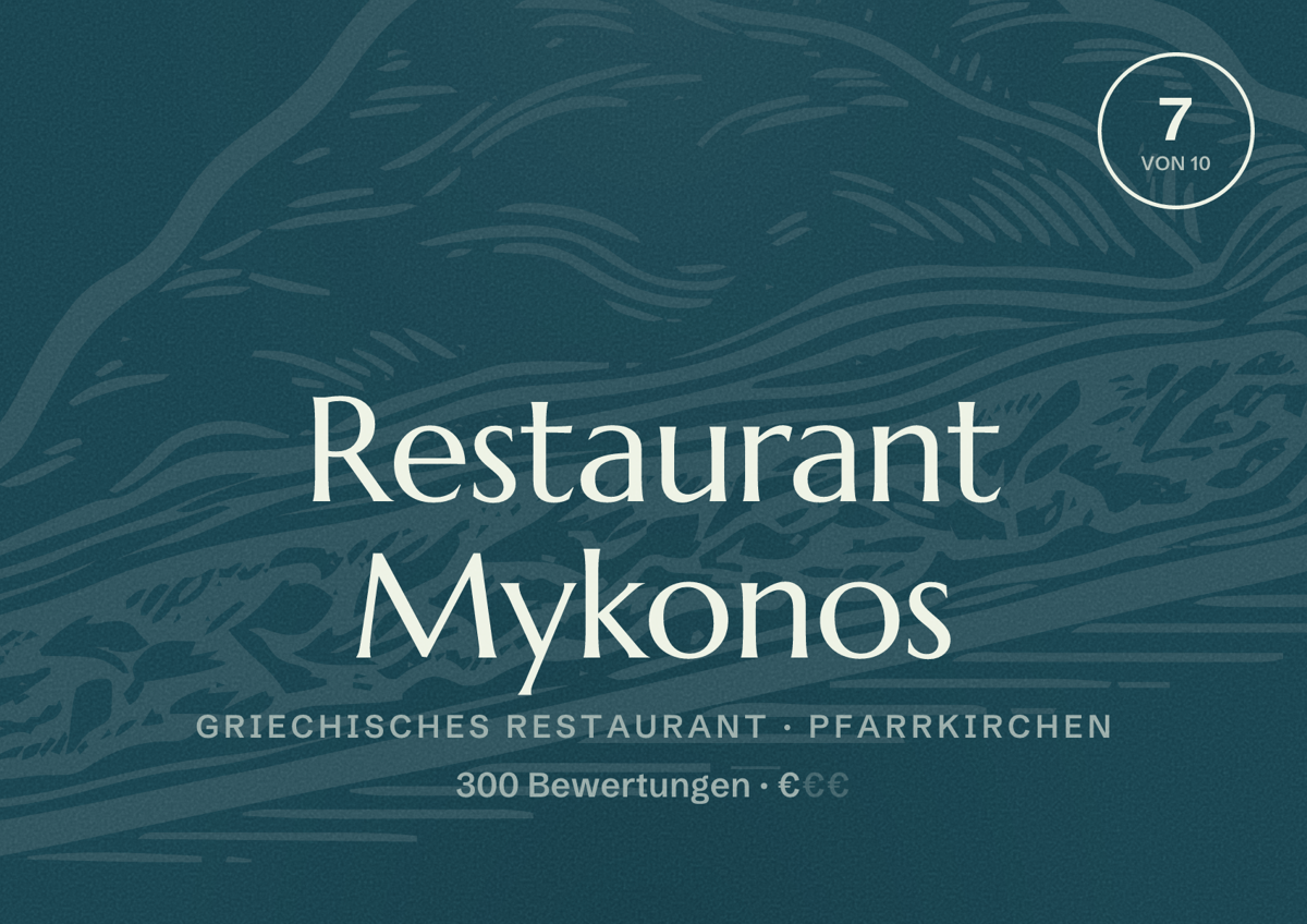 Illustriertes Poster von Restaurant Mykonos, Griechisches Restaurant in Pfarrkirchen: Bewertung 7 von 10 aus 300 Bewertungen, Preisniveau €