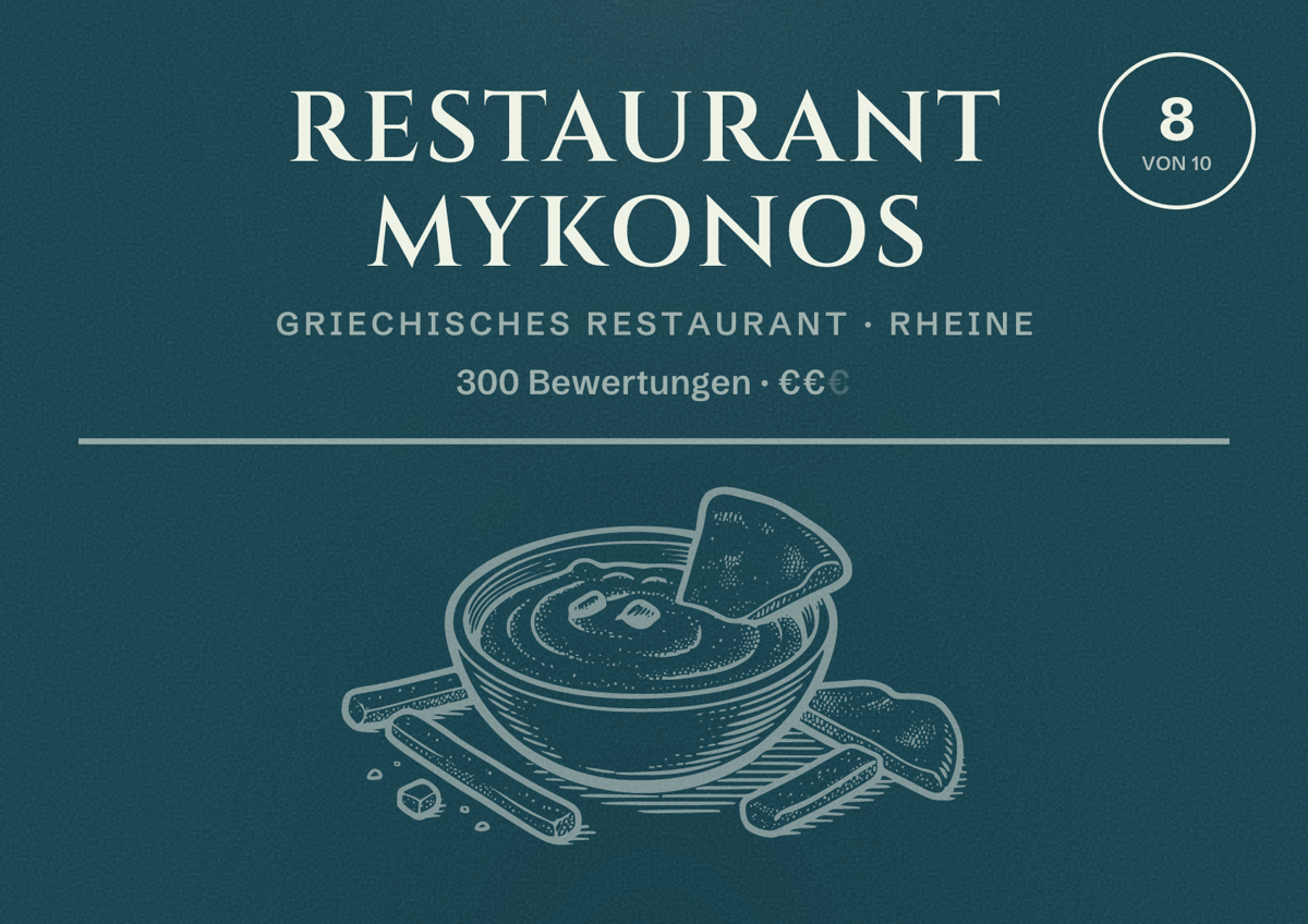 Illustriertes Poster von Restaurant Mykonos, Griechisches Restaurant in Rheine: Bewertung 8 von 10 aus 300 Bewertungen, Preisniveau €€