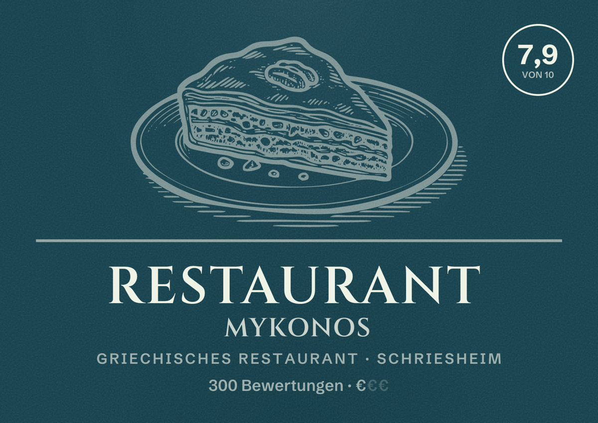 Illustriertes Poster von Restaurant Mykonos, Griechisches Restaurant in Schriesheim: Bewertung 7,9 von 10 aus 300 Bewertungen, Preisniveau €