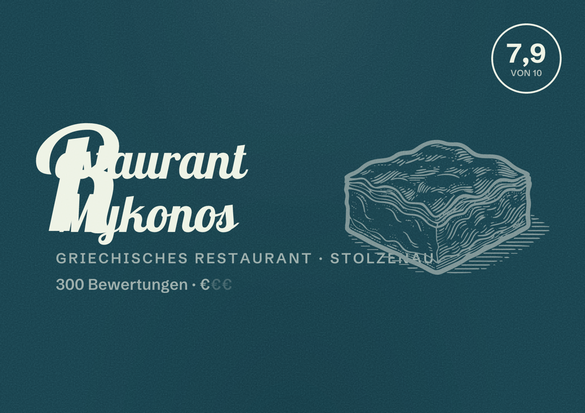 Illustriertes Poster von Restaurant Mykonos, Griechisches Restaurant in Stolzenau: Bewertung 7,9 von 10 aus 300 Bewertungen, Preisniveau €
