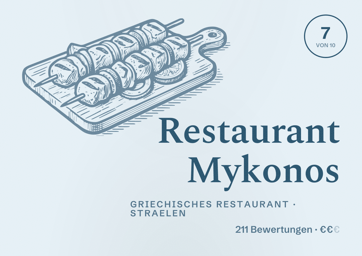 Illustriertes Poster von Restaurant Mykonos, Griechisches Restaurant in Straelen: Bewertung 7 von 10 aus 211 Bewertungen, Preisniveau €€