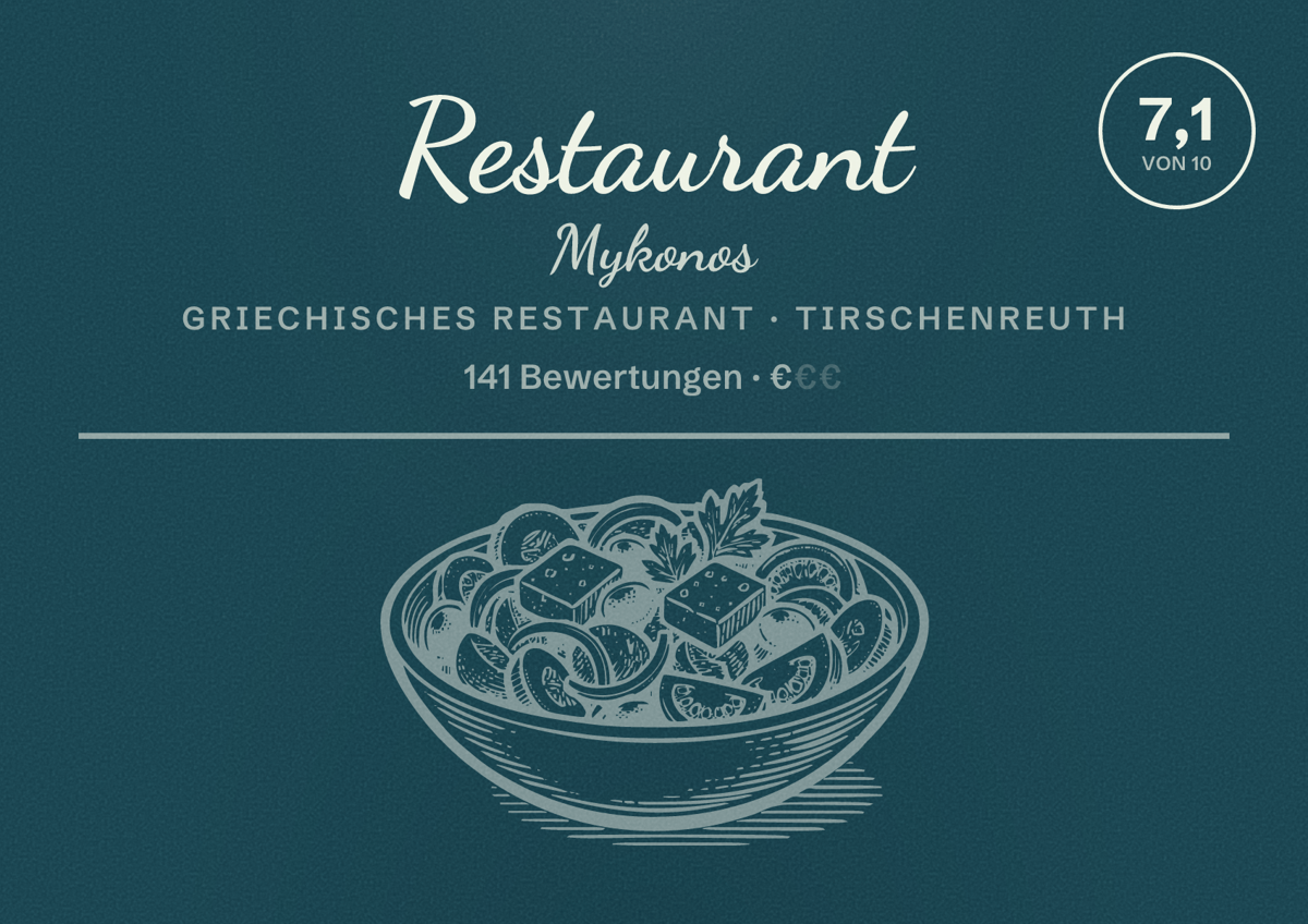 Illustriertes Poster von Restaurant Mykonos, Griechisches Restaurant in Tirschenreuth: Bewertung 7,1 von 10 aus 141 Bewertungen, Preisniveau €