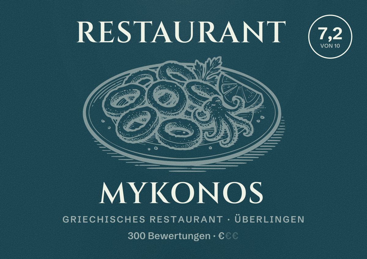 Illustriertes Poster von Restaurant Mykonos, Griechisches Restaurant in Überlingen: Bewertung 7,2 von 10 aus 300 Bewertungen, Preisniveau €